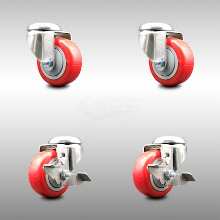 Service Caster 3 Inch 316SS Red Polyurethane Wheel Swivel Bolt Hole Caster Brakes SCC, 2PK SCC-SS316BH20S314-PPUB-RED-2-TLB-2